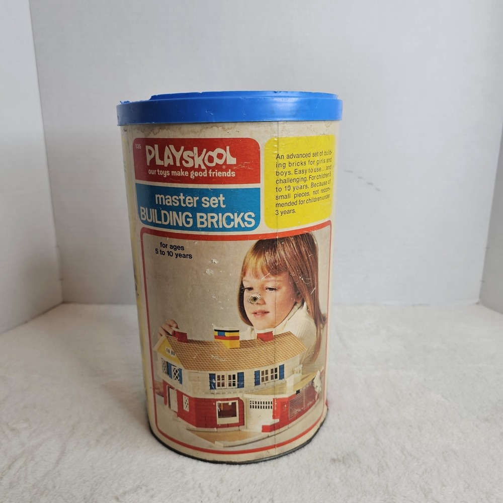 Vintage 1974 Playskool Building Bricks Instructions & Original Can
